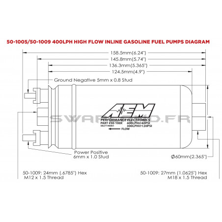 Pompe à essence externe gros débit AEM type 044 E85 400 L/H -Swapland-