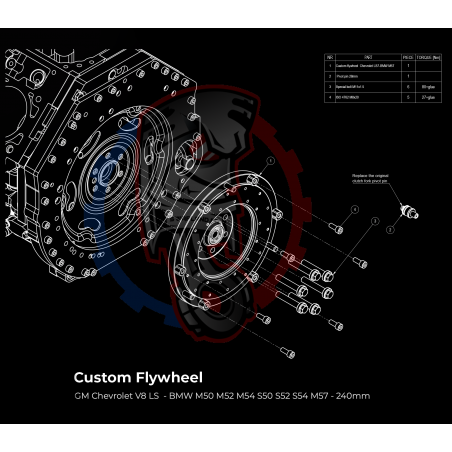 Kit embrayage Stage 1 conversion moteur GM Chevrolet V8 LS LS1 LS3 LS7 LM7 LQ boite BMW M57 / E46 S54 M3 - 240mm