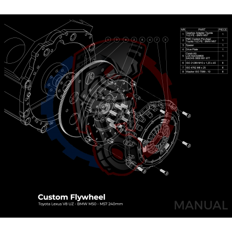 Kit embrayage Stage 1 conversion moteur Toyota Lexus V8 UZ 1UZ 3UZ pour boite BMW M57 / E46 S54 M3 - 240mm