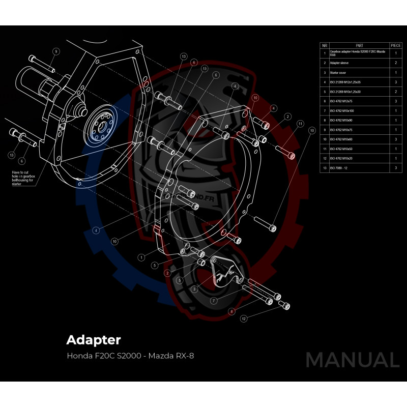 Entretoise moteur Honda F20C F22C1 (S2000) boite de vitesses Mazda RX-8