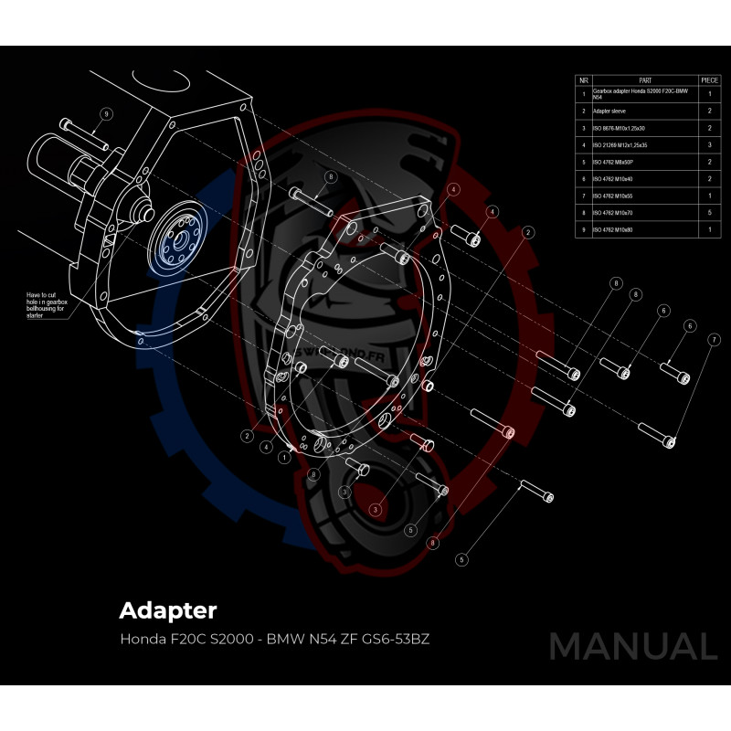 Entretoise moteur Honda F20C F22C1 (S2000) boite de vitesses BMW DCT 8HP (manuelle et automatique)