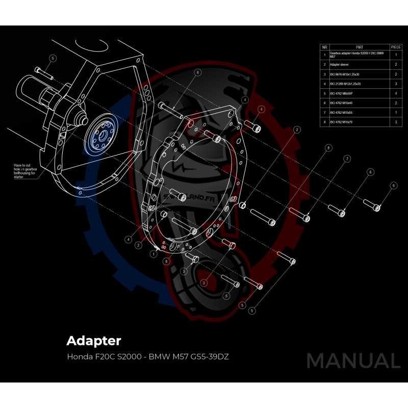 Entretoise moteur Honda F20C F22C1 (S2000) boite de vitesses BMW DCT 8HP (manuelle et automatique)