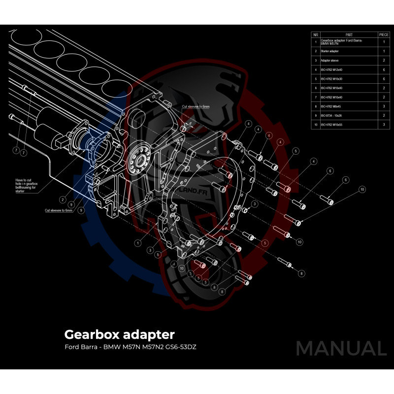 Entretoise moteur Ford Barra boite de vitesses BMW DCT 8HP (manuelle et automatique)