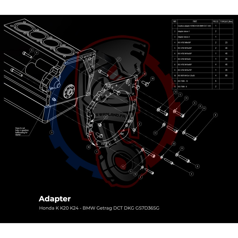 Entretoise moteur Honda K K20 K24 boite de vitesses BMW DCT DKG GS7D36SG N54 GS6-53BZ (OEM)