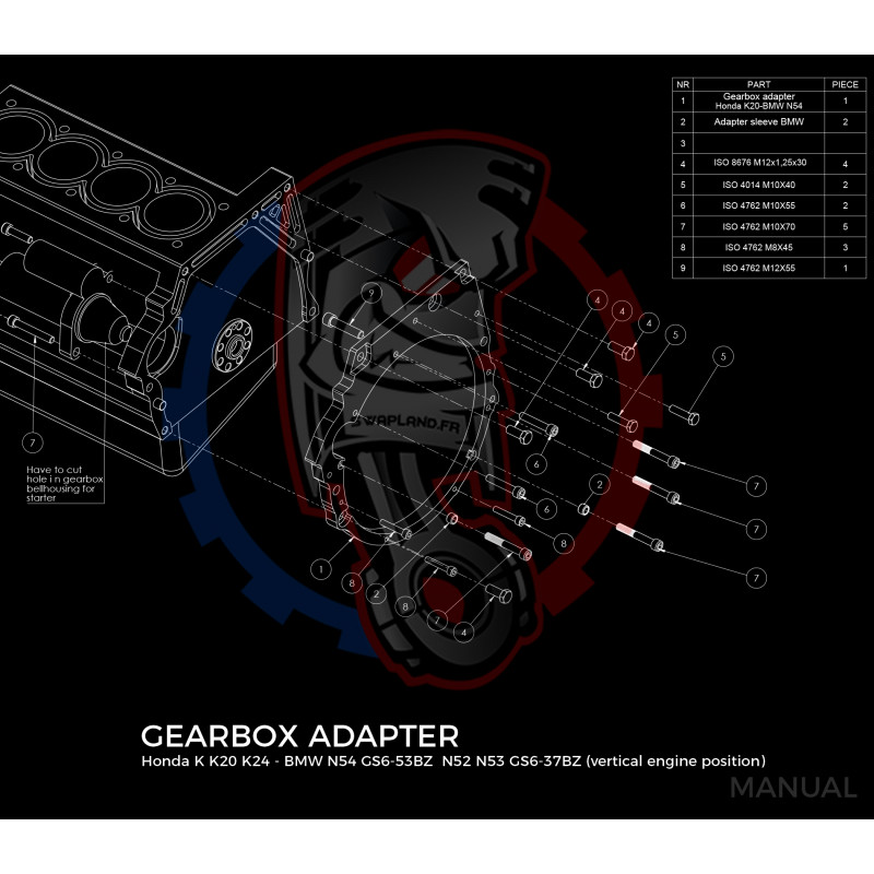 Entretoise moteur Honda K K20 K24 boite de vitesses BMW DCT DKG GS7D36SG N54 GS6-53BZ (moteur vertical)