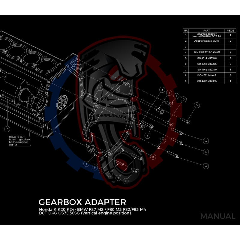 Entretoise moteur Honda K K20 K24 boite de vitesses BMW DCT DKG GS7D36SG N54 GS6-53BZ (moteur vertical)